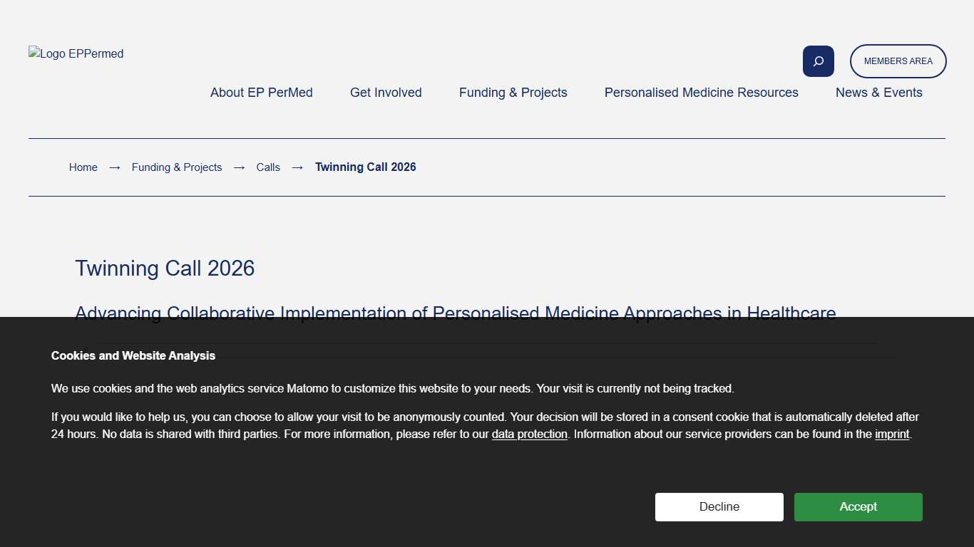 Twinning Call 2026 - European Partnership for Personalised Medicine - EP PerMed