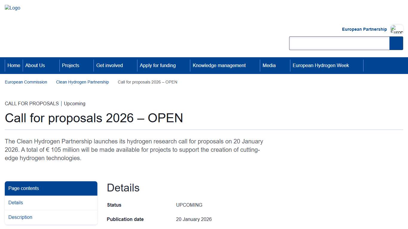 Call for proposals 2026 – OPEN - Clean Hydrogen Partnership
